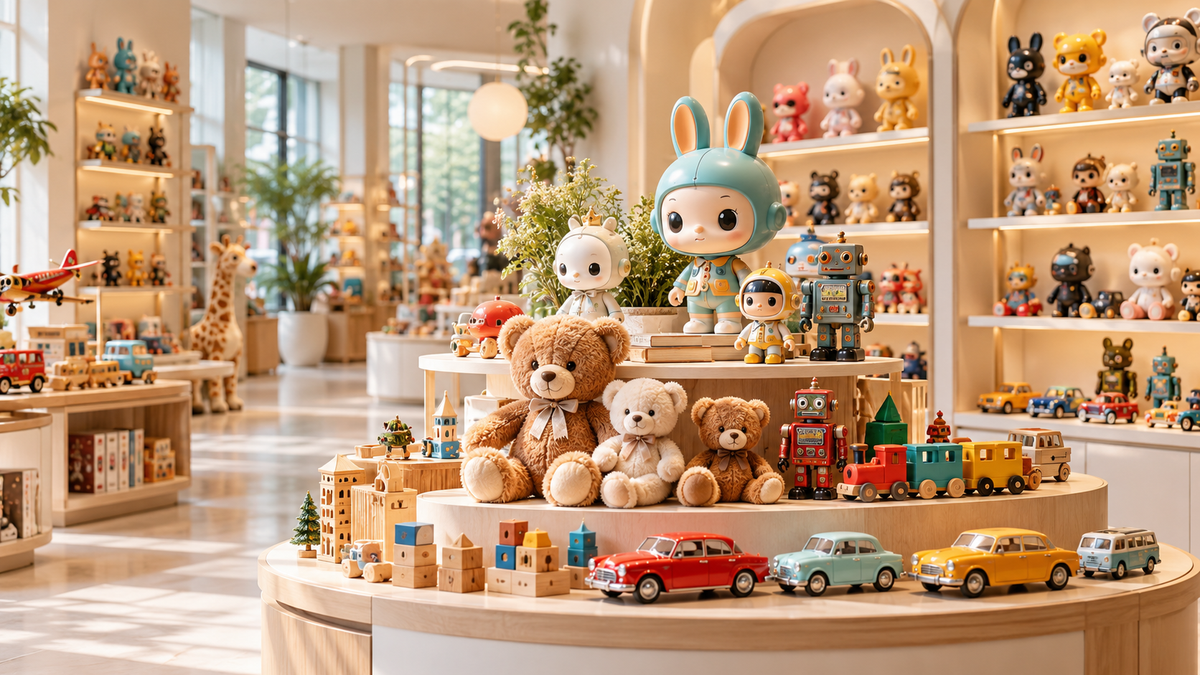 Bright toy boutique with colorful collectible figures, teddy bears, toy cars and wooden toys